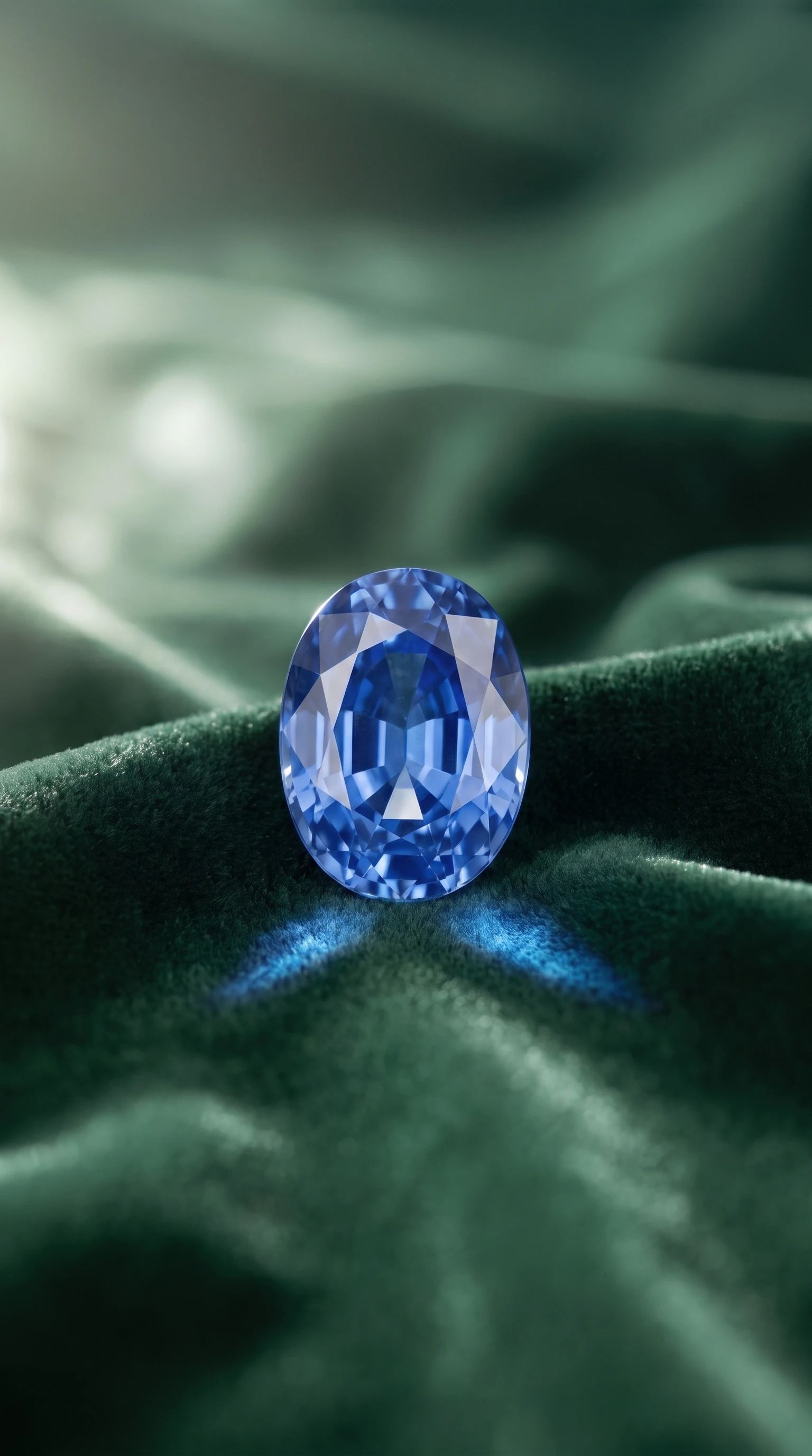 A loose oval Ceylon blue sapphire resting on forest-green velvet